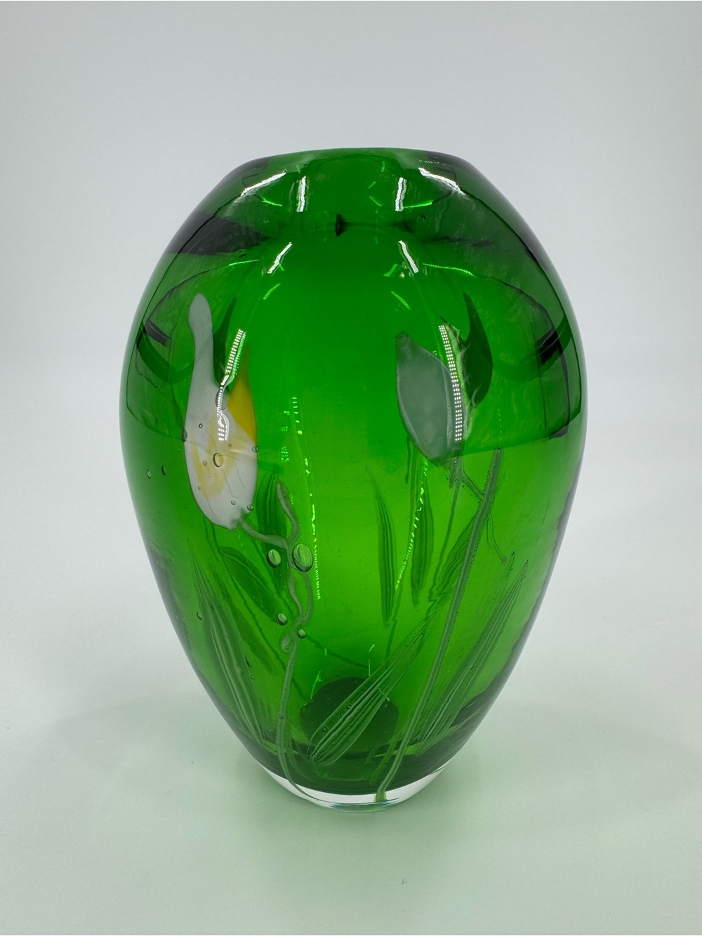 Vintage Murano Style Hand Blown Emerald Green Art Glass Vase Calla Lilies